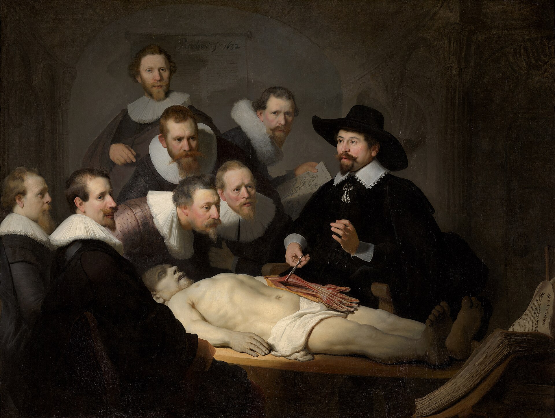 Rembrandt's The Anatomy Lesson of Dr Nicolaes Tulp, 1632, showing surgeons gathered around a dissection